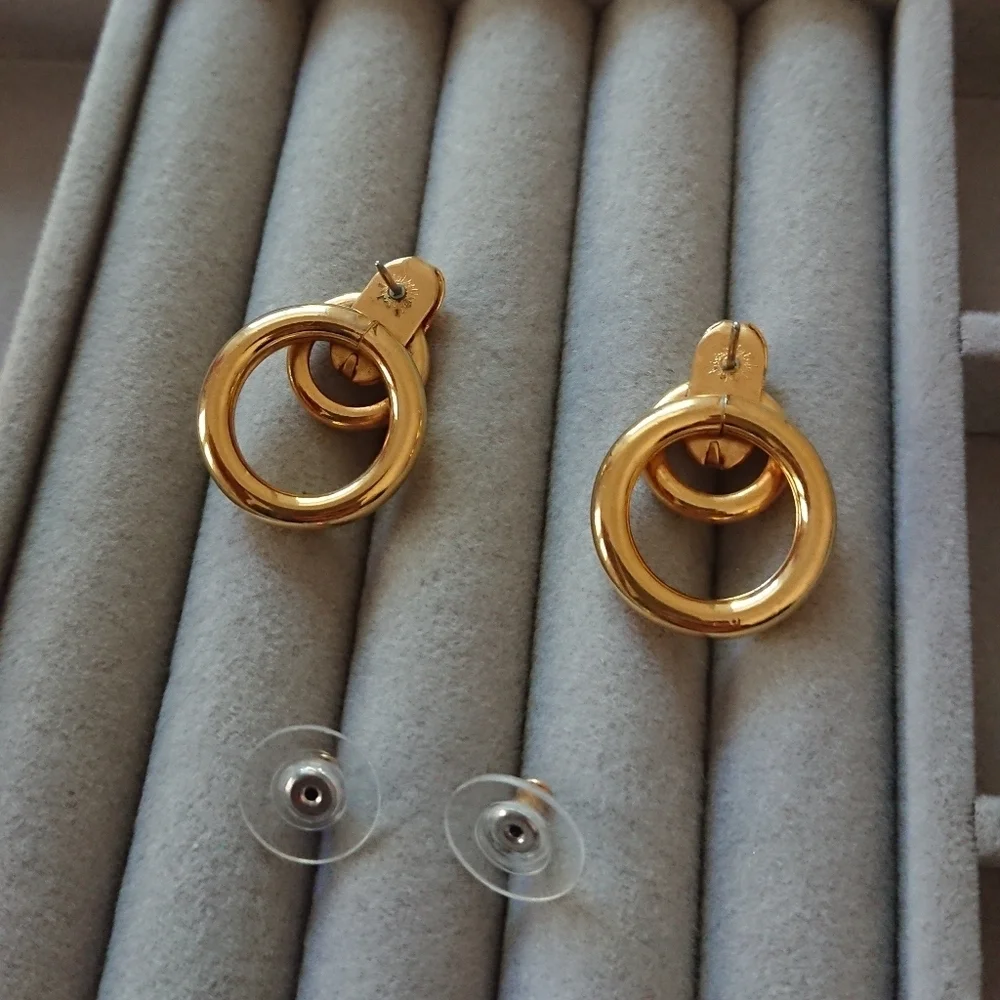 Vintage Double Hoop Door Knocker Style Gold tone Pierced Earrings